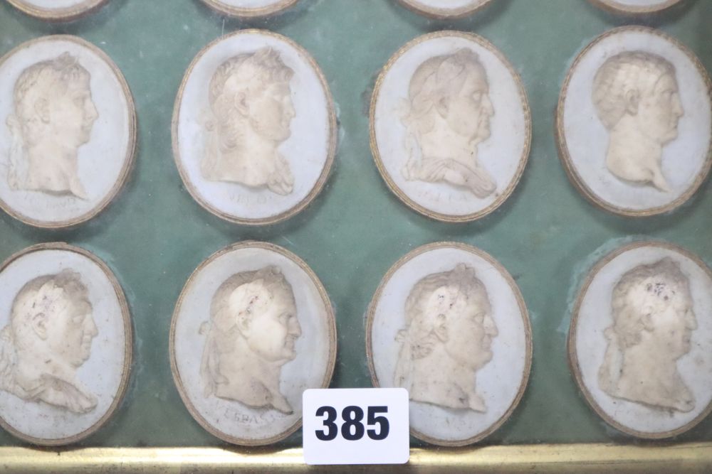 A set of framed cameos of the first 12 Roman Caesar, cast by Louis Mayland 1806/1896, 27 x 22cm